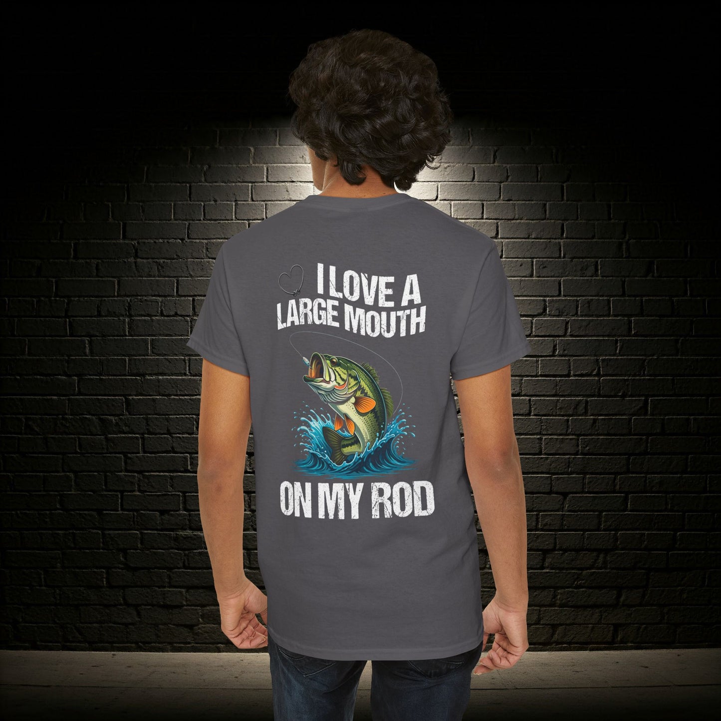 Funny Fishing T-Shirt - "I Love a Large Mouth on my Rod" (Front & Back Design)