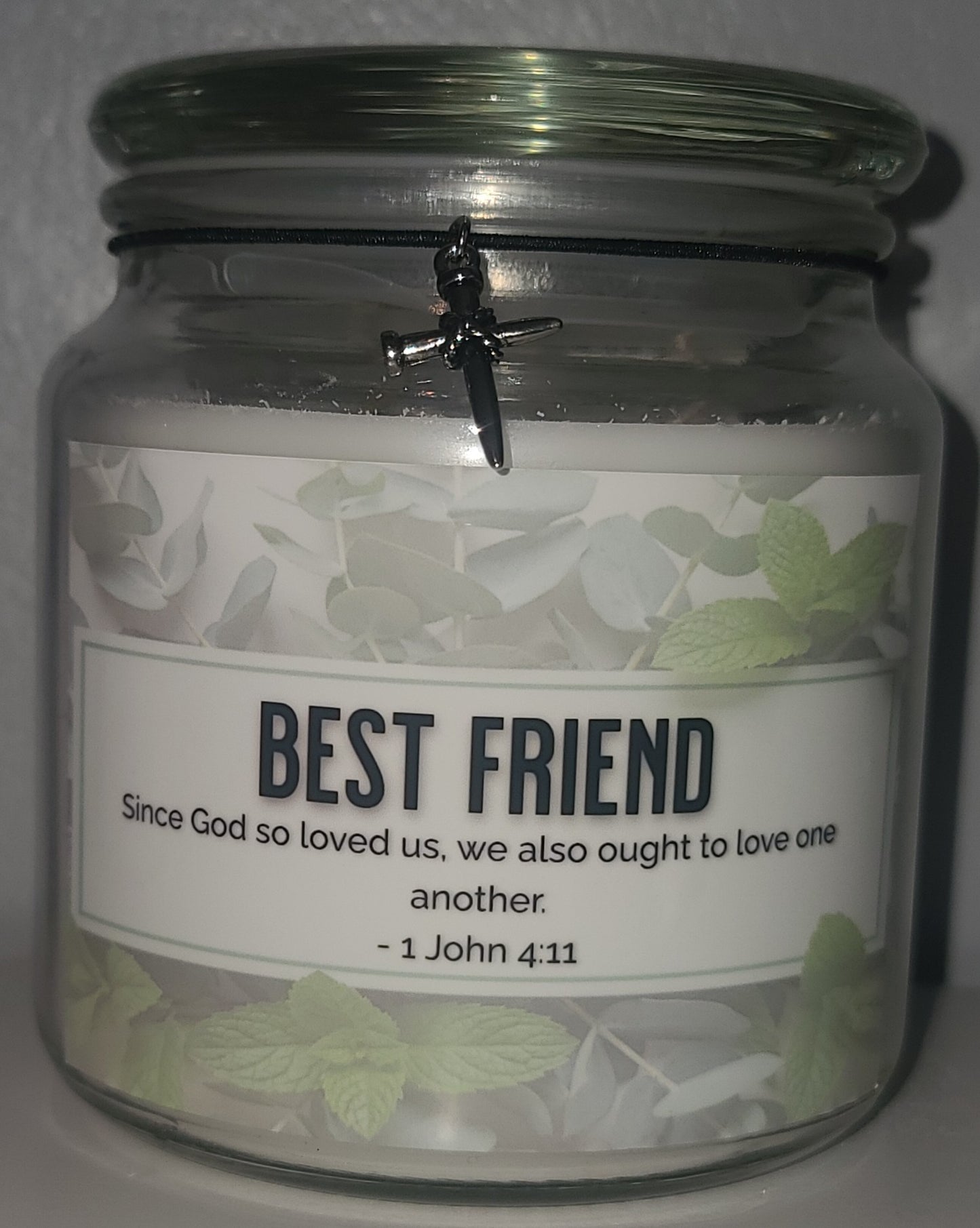 Handmade Friendship Candle, Eucalyptus Mint Scent, Bible Verse 1 John 4:11, Reusable Jar, Cross Pendant, Best Friend Christian Gift, 17oz
