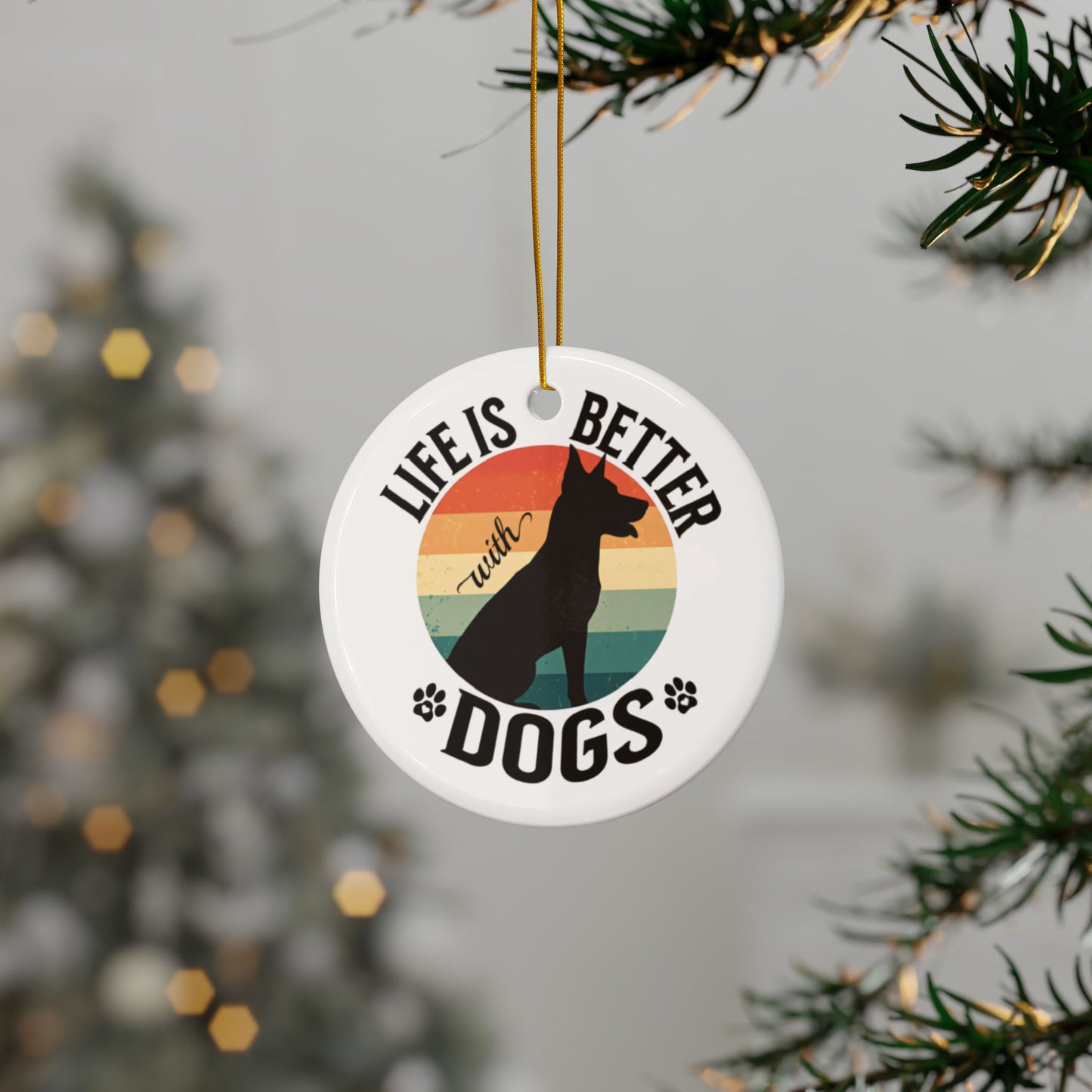 Life is Better with Dogs - Round Ceramic Christmas Ornament - 2 Sided