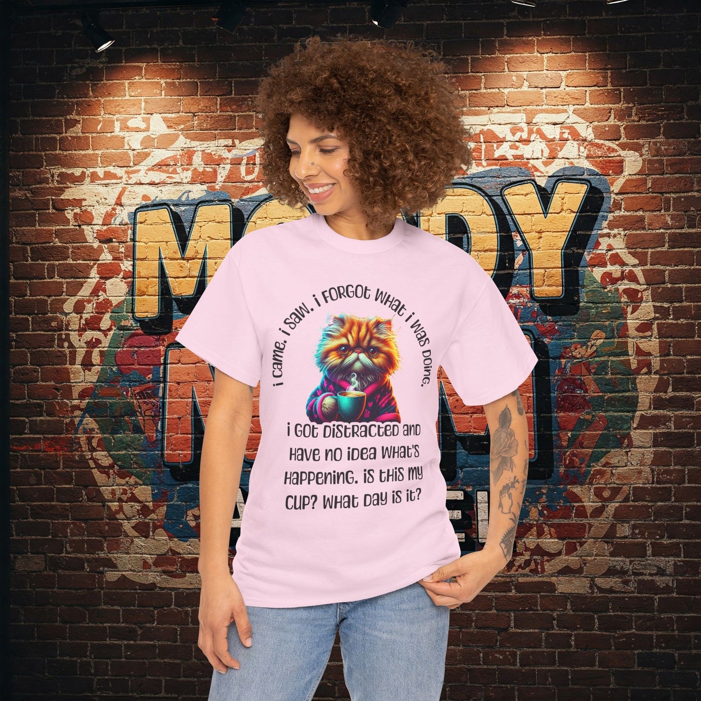 Funny Cat & Coffee Tee – I Came. I Saw. I Forgot What I Was Doing. Forgetful Cat T-shirt.