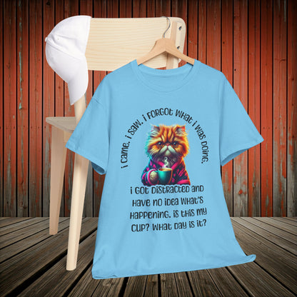 Funny Cat & Coffee Tee – I Came. I Saw. I Forgot What I Was Doing. Forgetful Cat T-shirt.