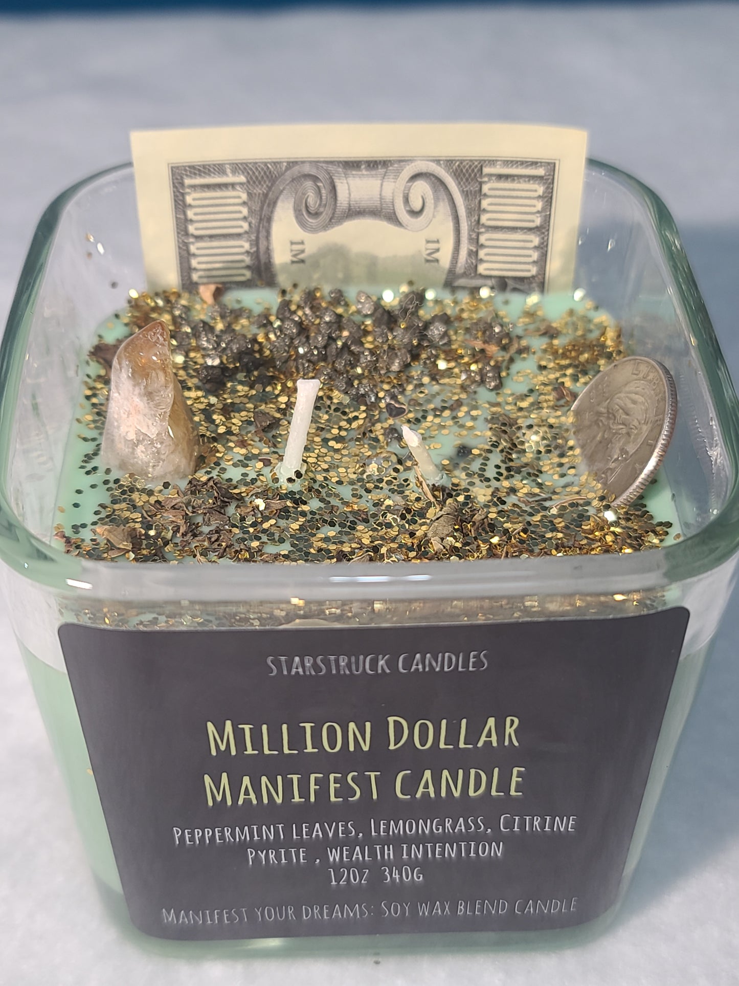 Million Dollar Crystal Manifest Money Intention Soy Candle with Lemongrass & Citrine