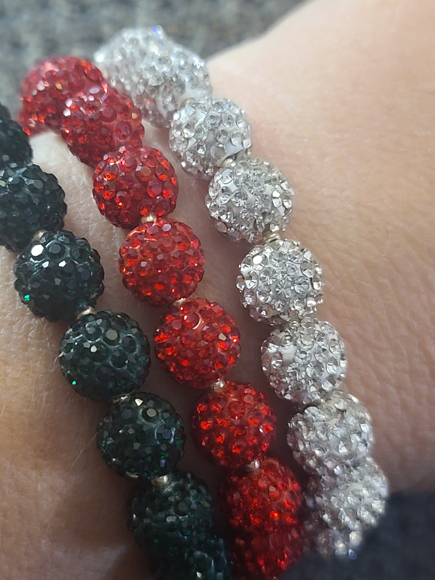 Three Strand Set of Christmas Bling Handmade Stretch Beaded Bracelets - Red, Green, Silver