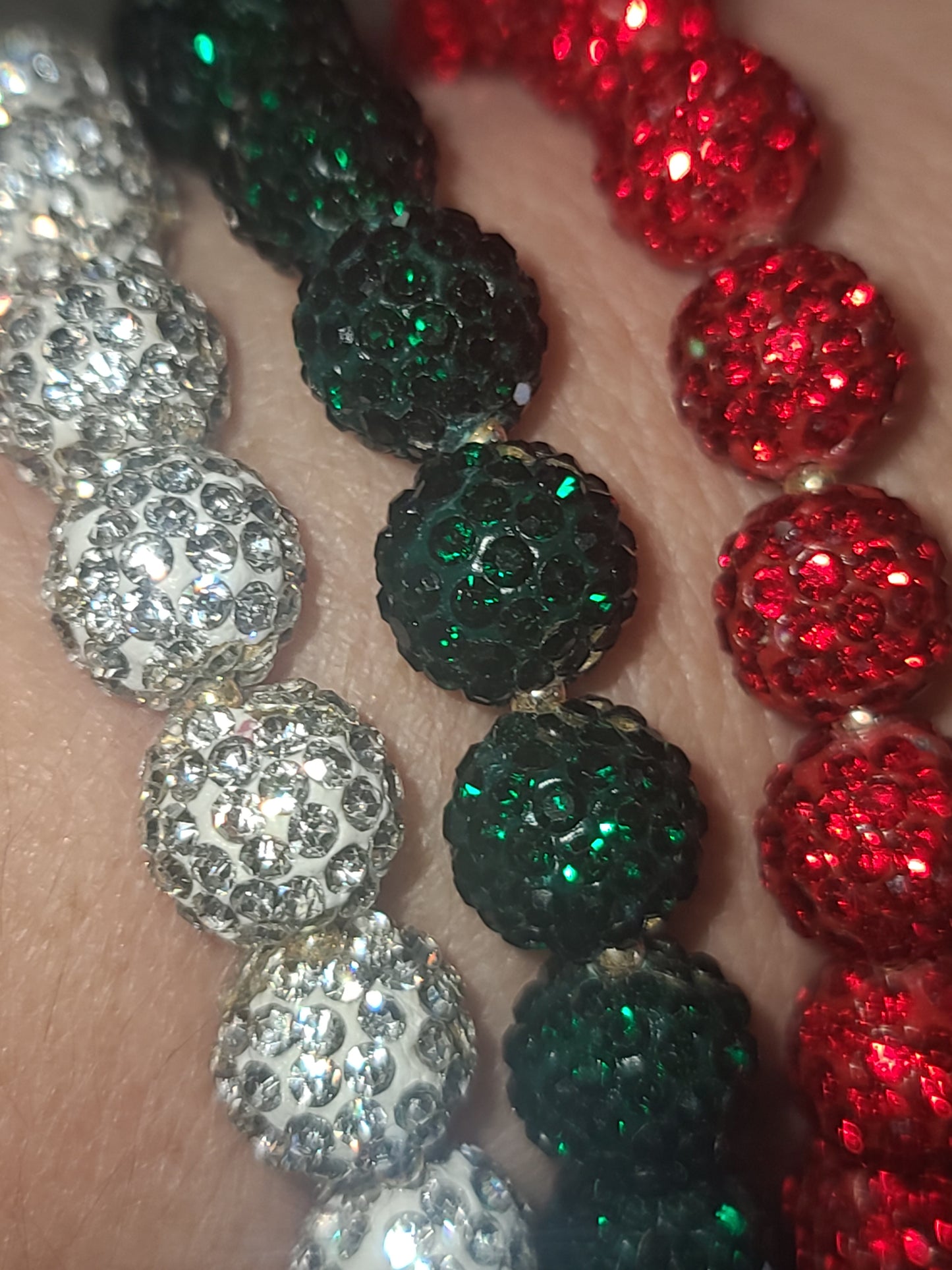 Three Strand Set of Christmas Bling Handmade Stretch Beaded Bracelets - Red, Green, Silver