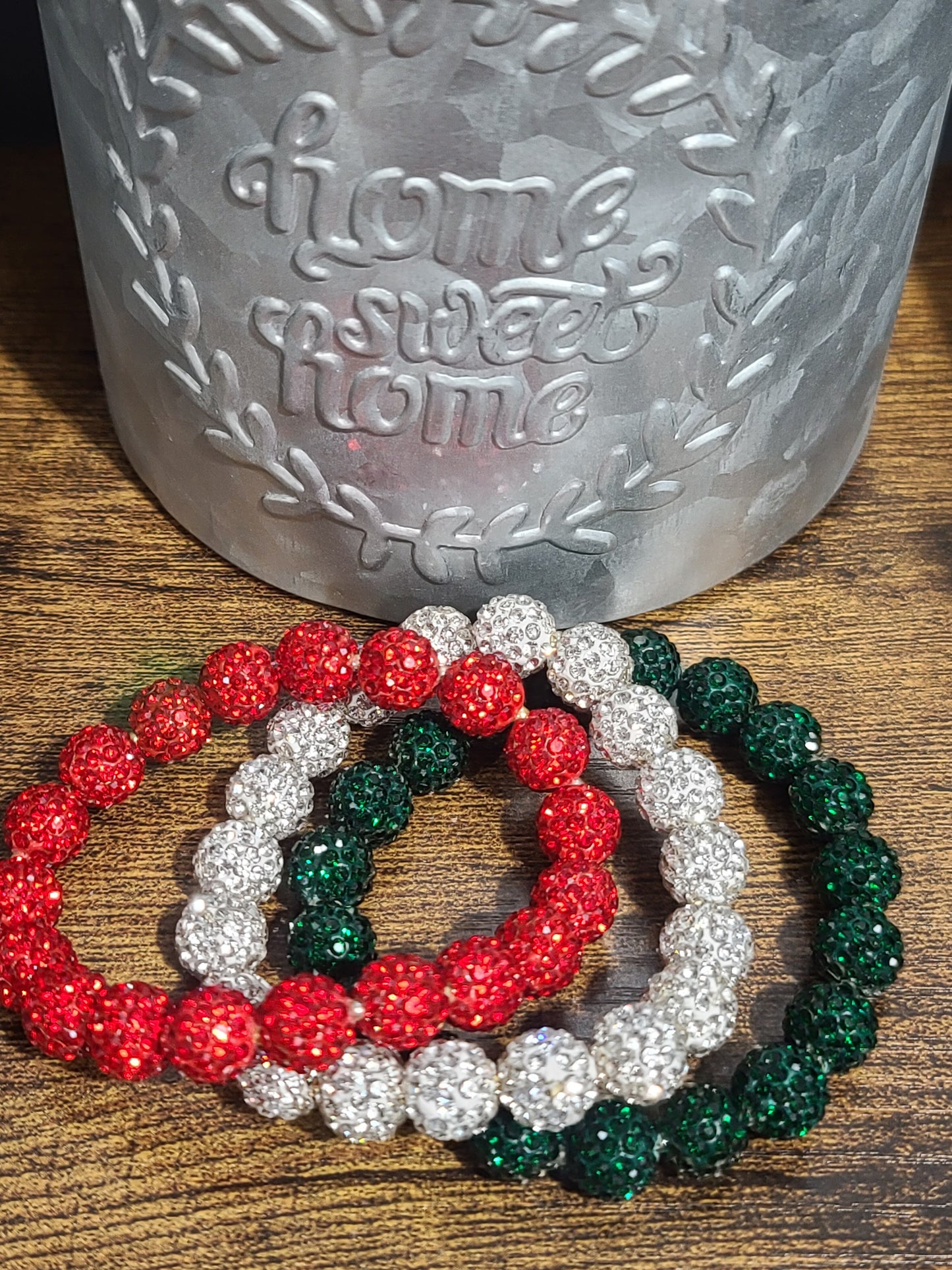 Three Strand Set of Christmas Bling Handmade Stretch Beaded Bracelets - Red, Green, Silver