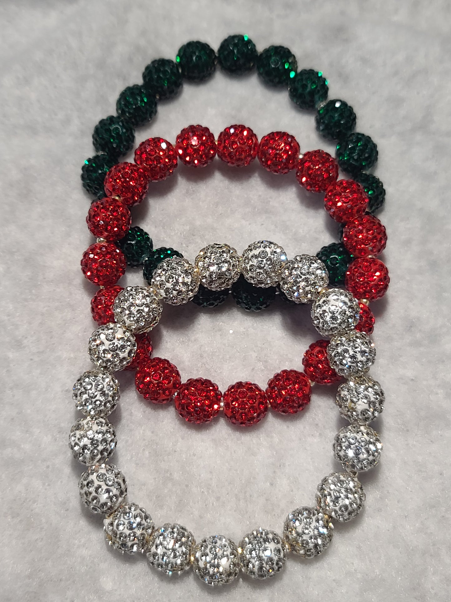 Three Strand Set of Christmas Bling Handmade Stretch Beaded Bracelets - Red, Green, Silver