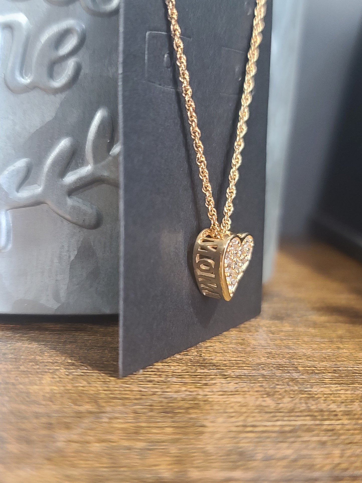 14K Gold Plated Sterling Silver Pave CZ Heart "MOM" Adjustable Necklace for Mom