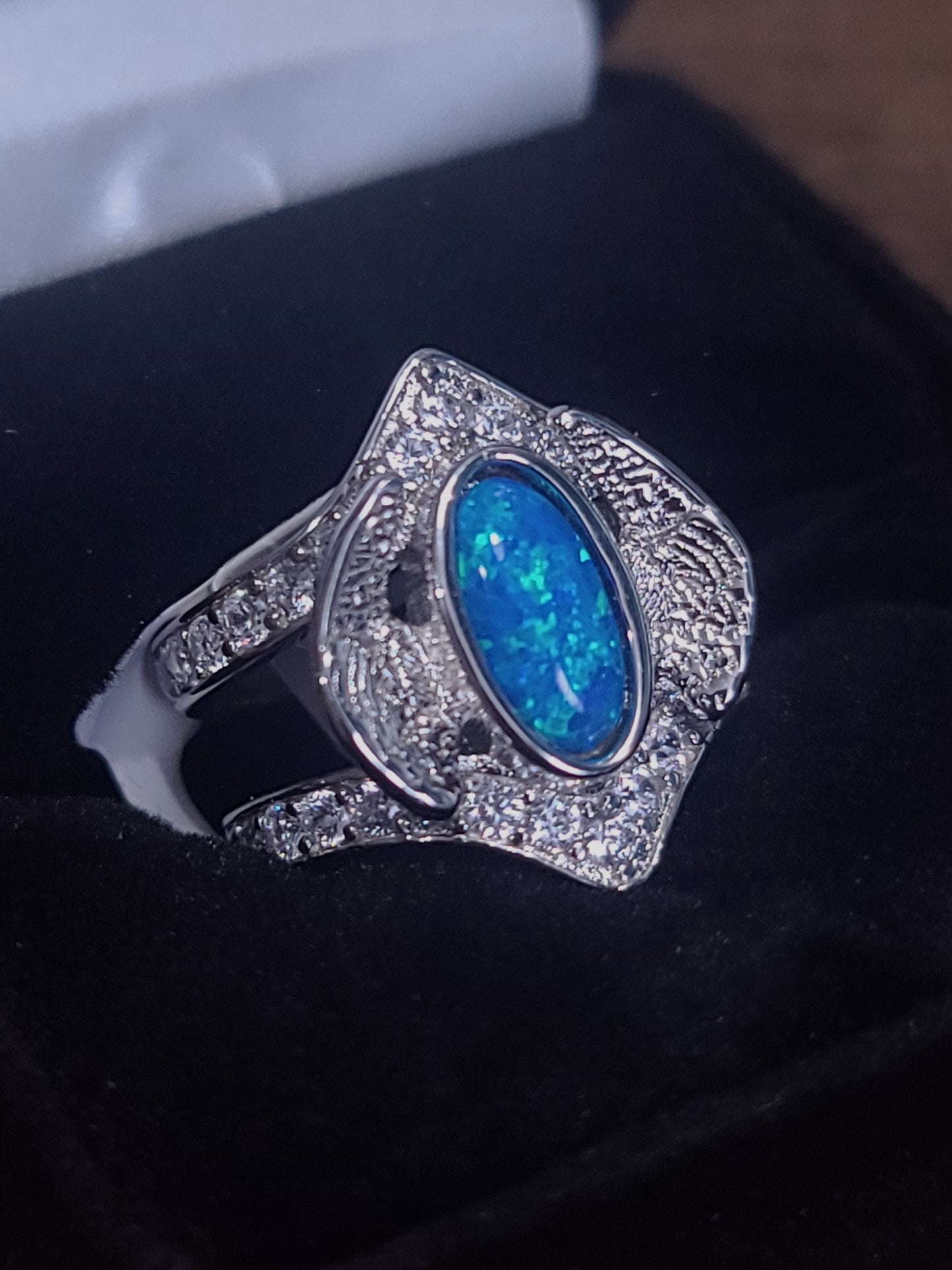 Rhodium Plated Sterling Silver Double Band CZ Angel Wing Ring with Blue Opal Stone, Size 5