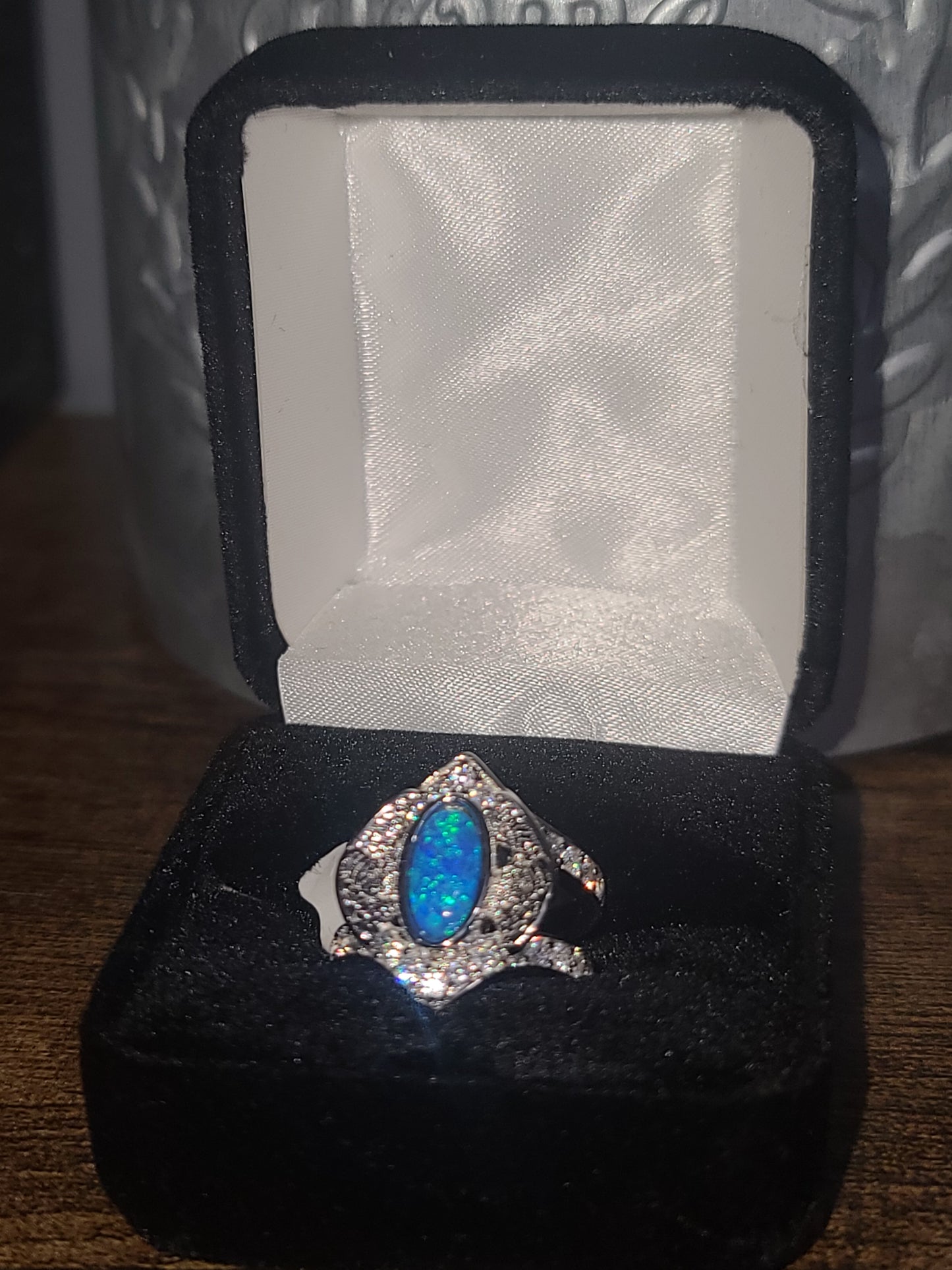 Rhodium Plated Sterling Silver Double Band CZ Angel Wing Ring with Blue Opal Stone, Size 5