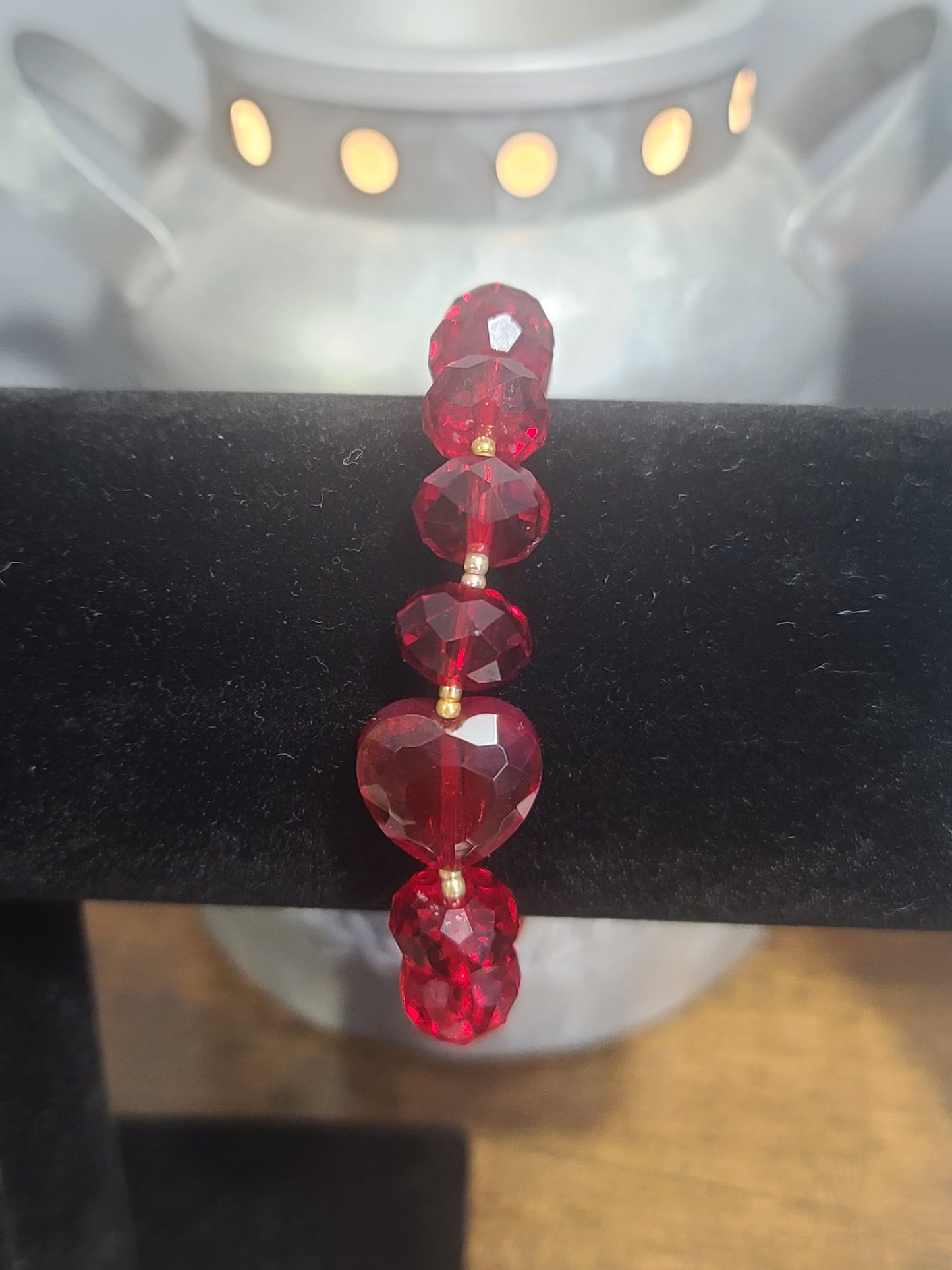 Handmade Red Faceted Glass Beaded Stretch Bracelet with Heart and Gold Beads