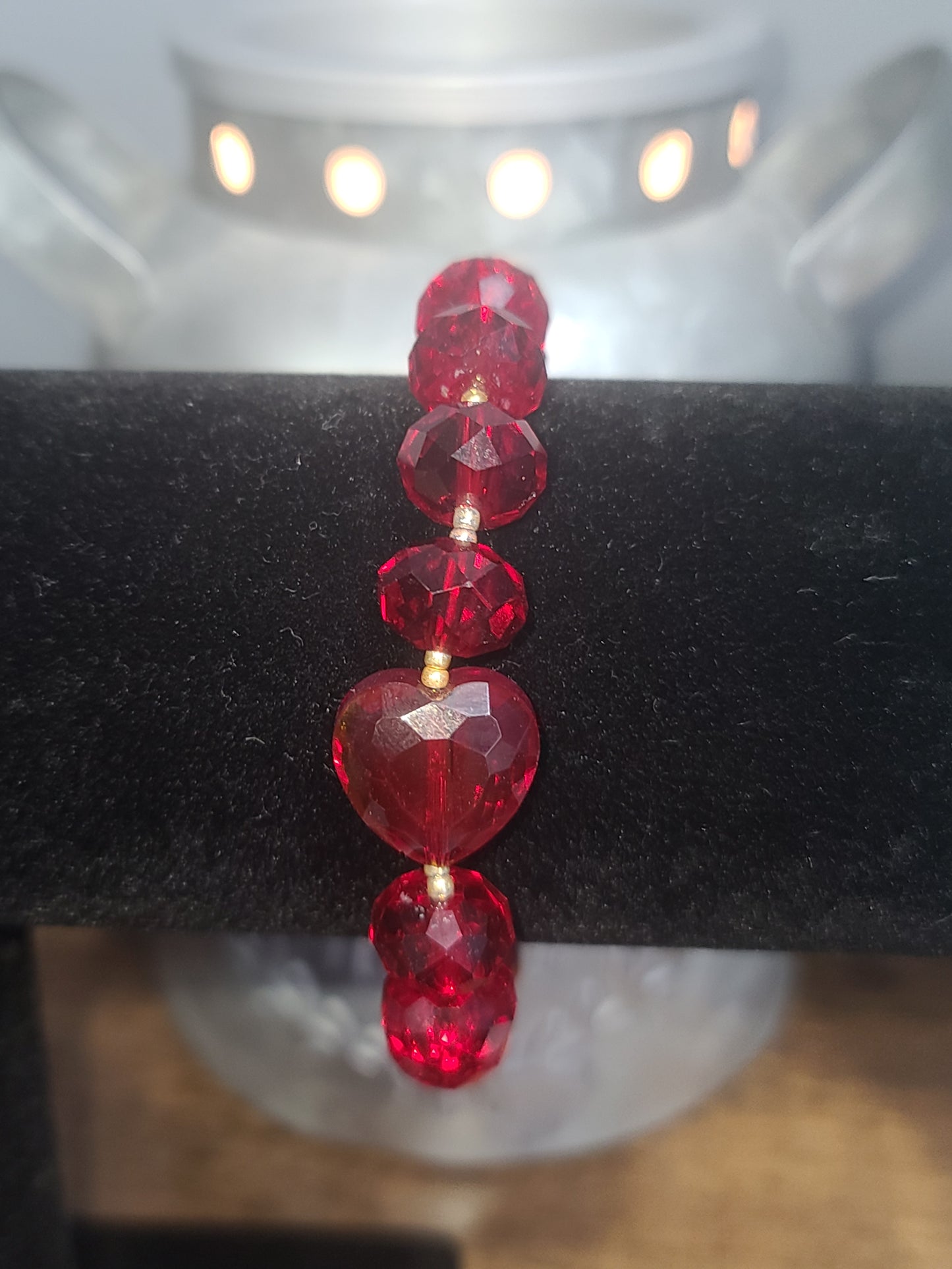 Handmade Red Faceted Glass Beaded Stretch Bracelet with Heart and Gold Beads