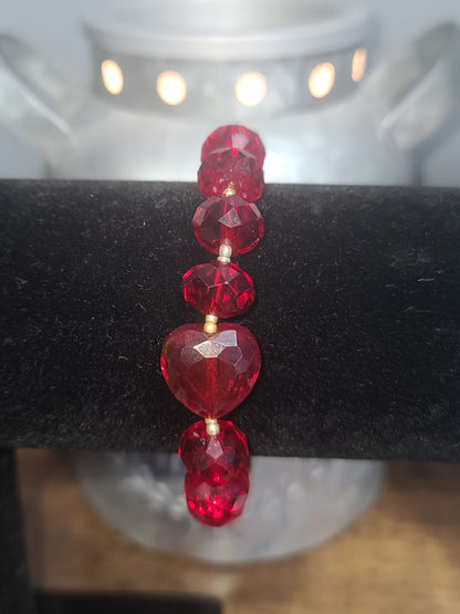 Handmade Red Faceted Glass Beaded Stretch Bracelet with Heart and Gold Beads