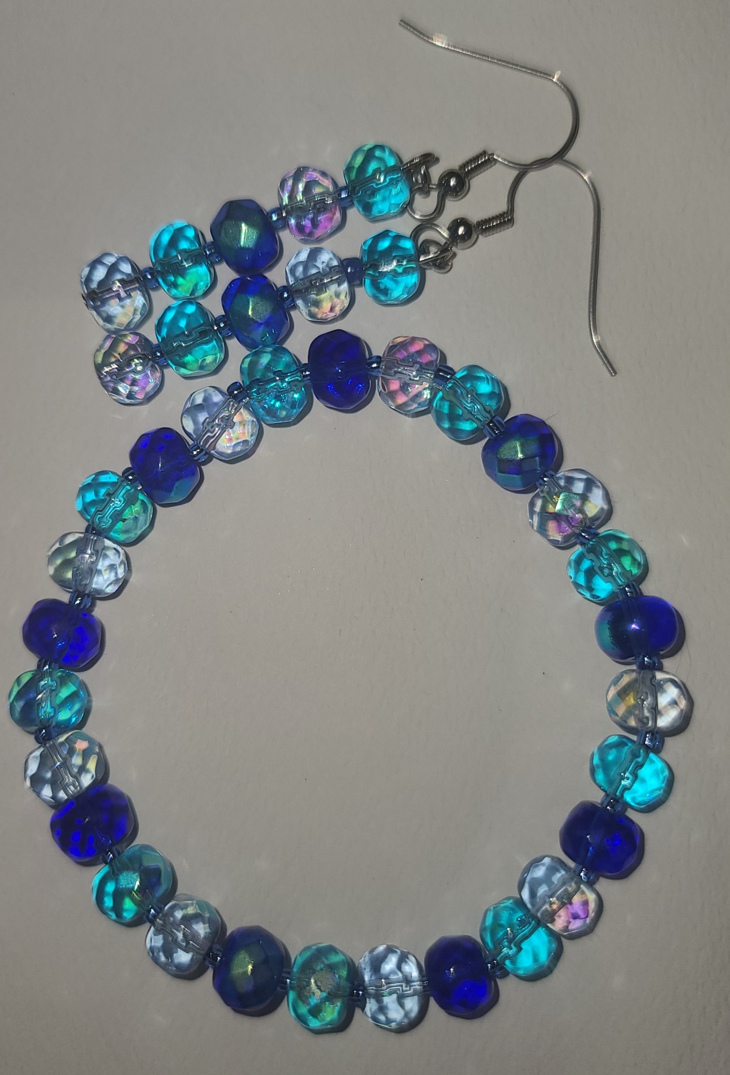 Handmade Stretch Multi-colored Blue Iridescent Glass Beaded Bracelet and Earring Set