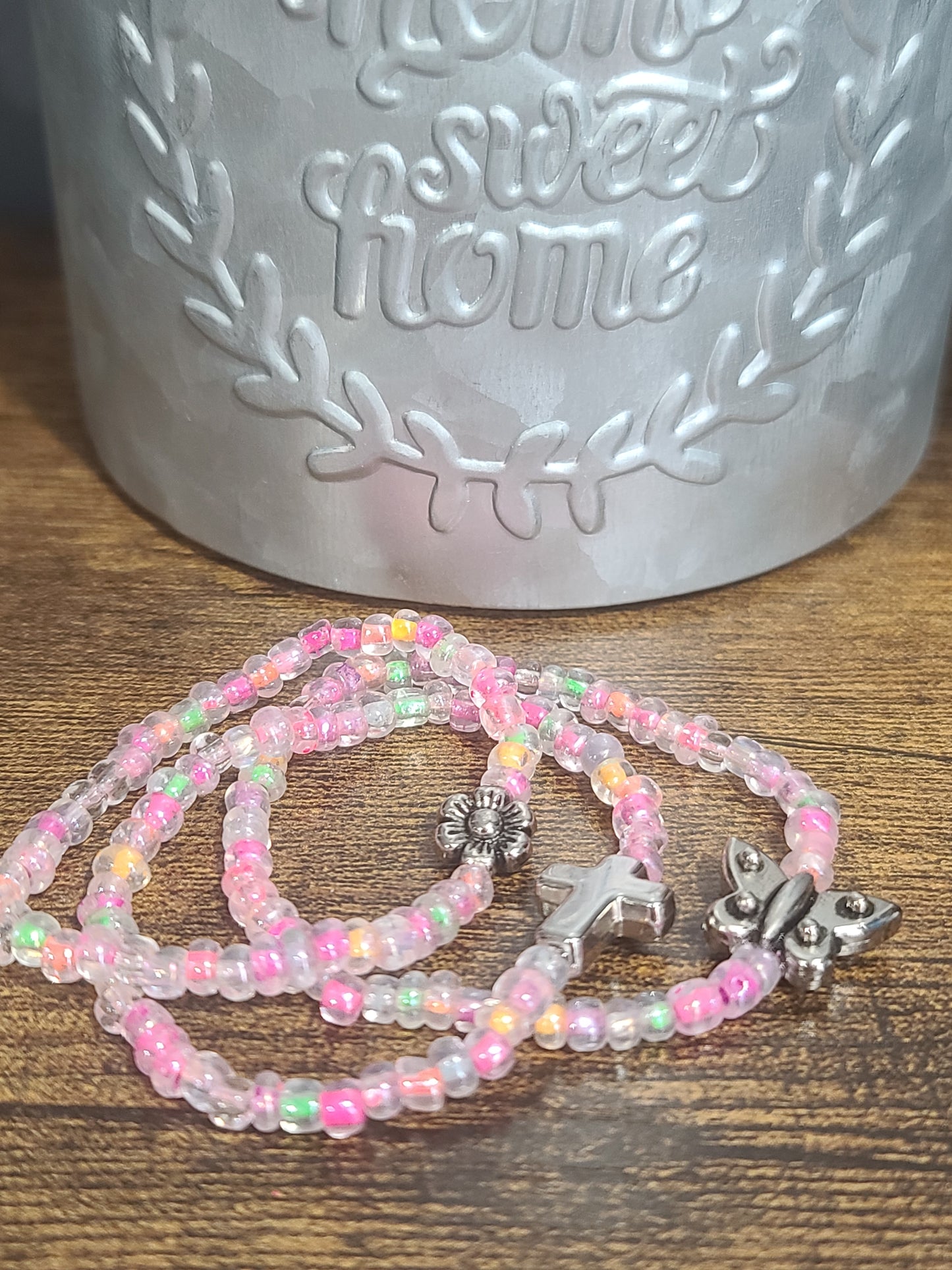 Little Girl's Three-Strand Handmade Stretch Beaded Bracelet Set with Cross, Flower and Butterfly