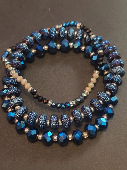 Handmade Blue Stretch Glass Beaded Bracelet Set of 3