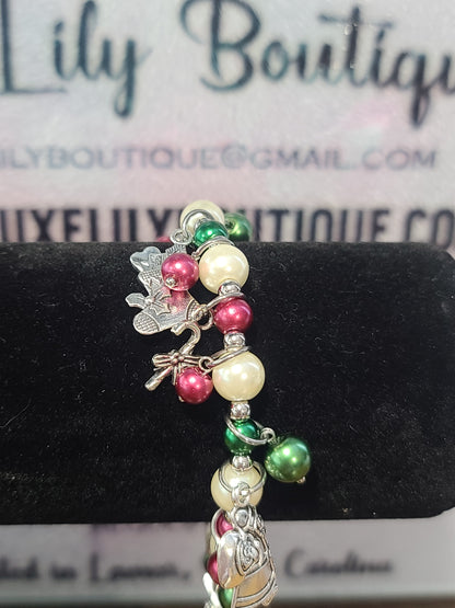 Christmas Themed Red, Green and White Glass Faux Pearl Stretch Charm Bracelet