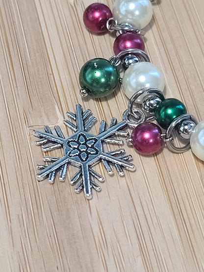 Christmas Themed Red, Green and White Glass Faux Pearl Stretch Charm Bracelet