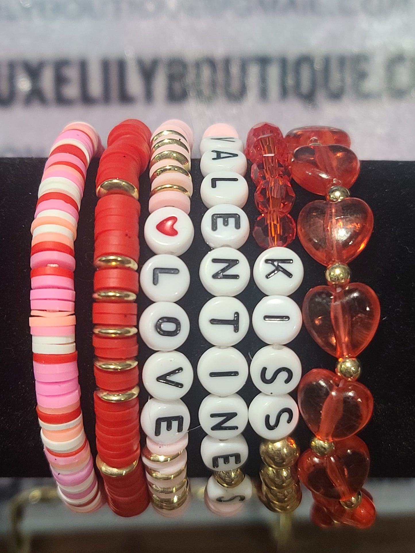 Love Theme Set of Colorful Red & Pink Stackable Stretchable Beaded Friendship Bracelets