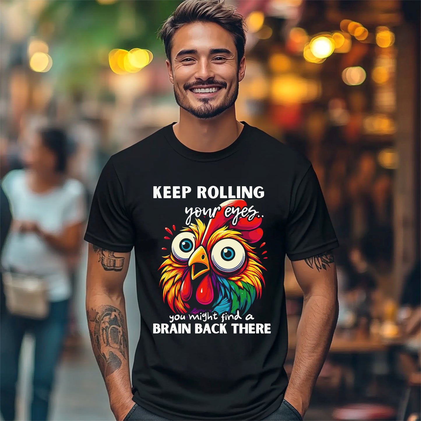 Funny & Snarky "Keep Rolling Your Eyes, You Might Find a Brain" Chicken Head Graphic Humor Tee