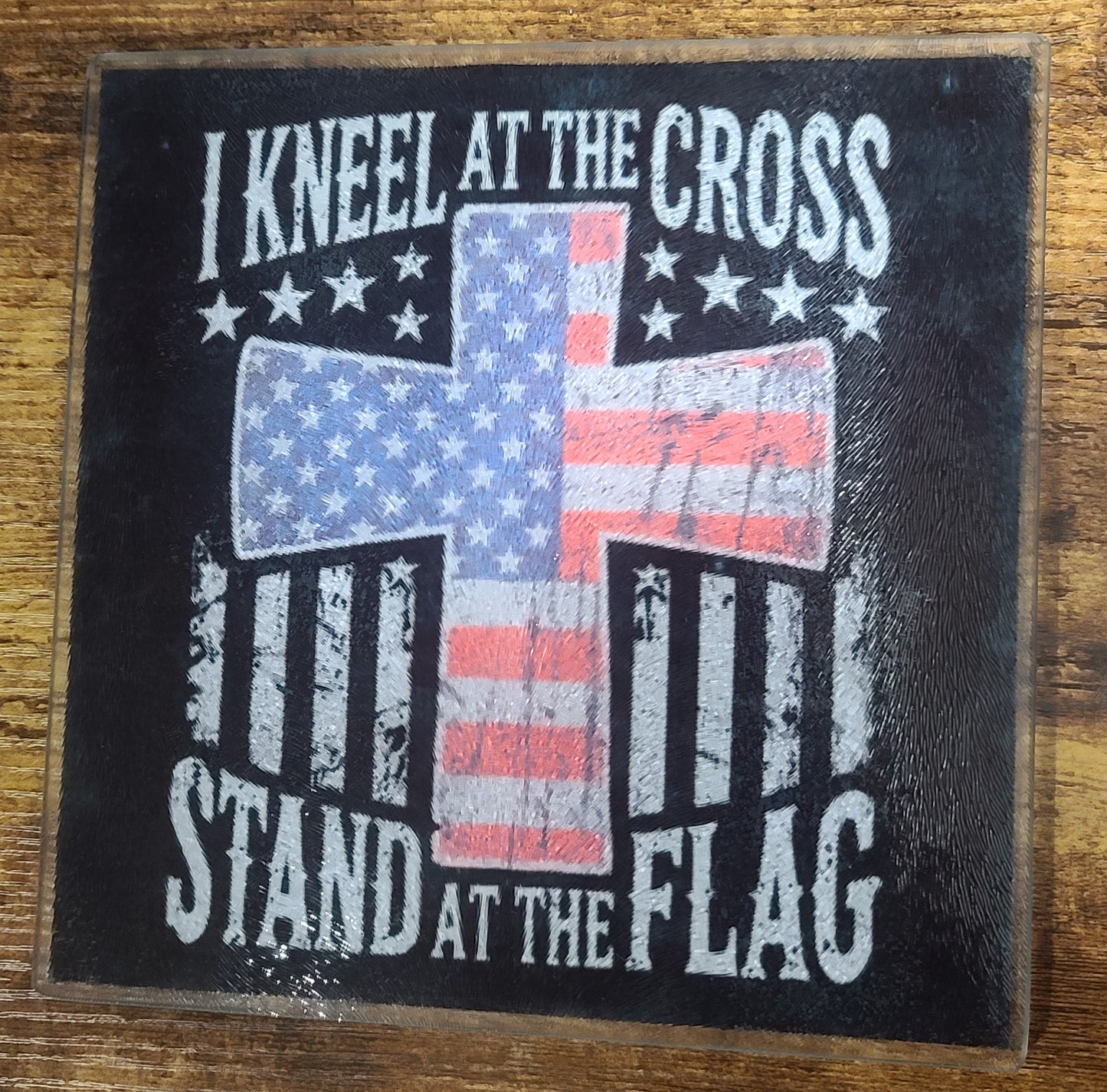Handmade Patriotic American Flag and Christian Cross Decorative Glass Trivet