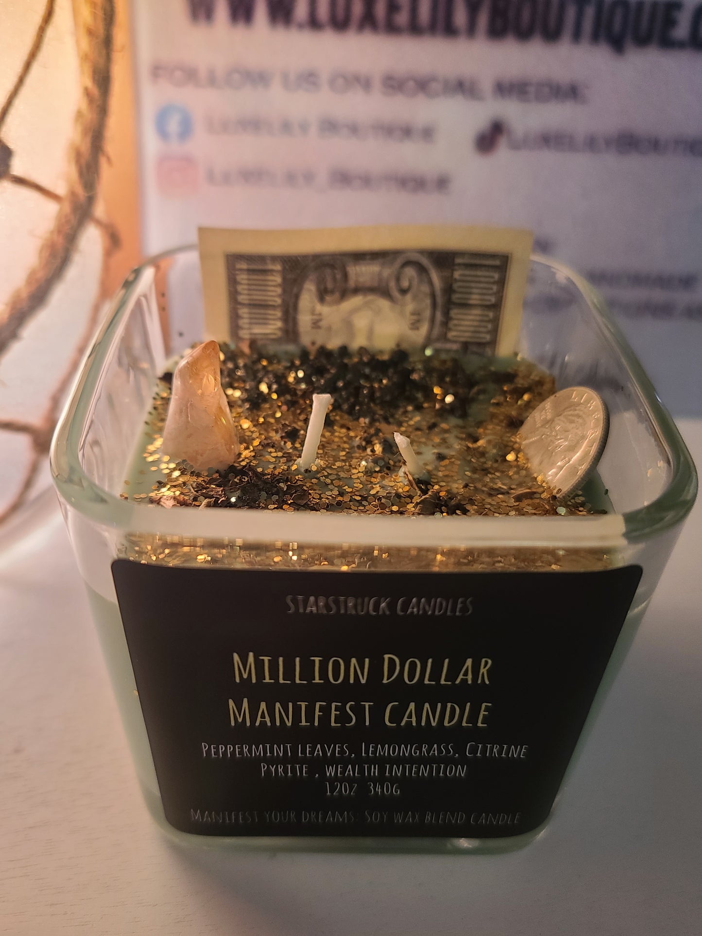 Million Dollar Crystal Manifest Money Intention Soy Candle with Lemongrass & Citrine