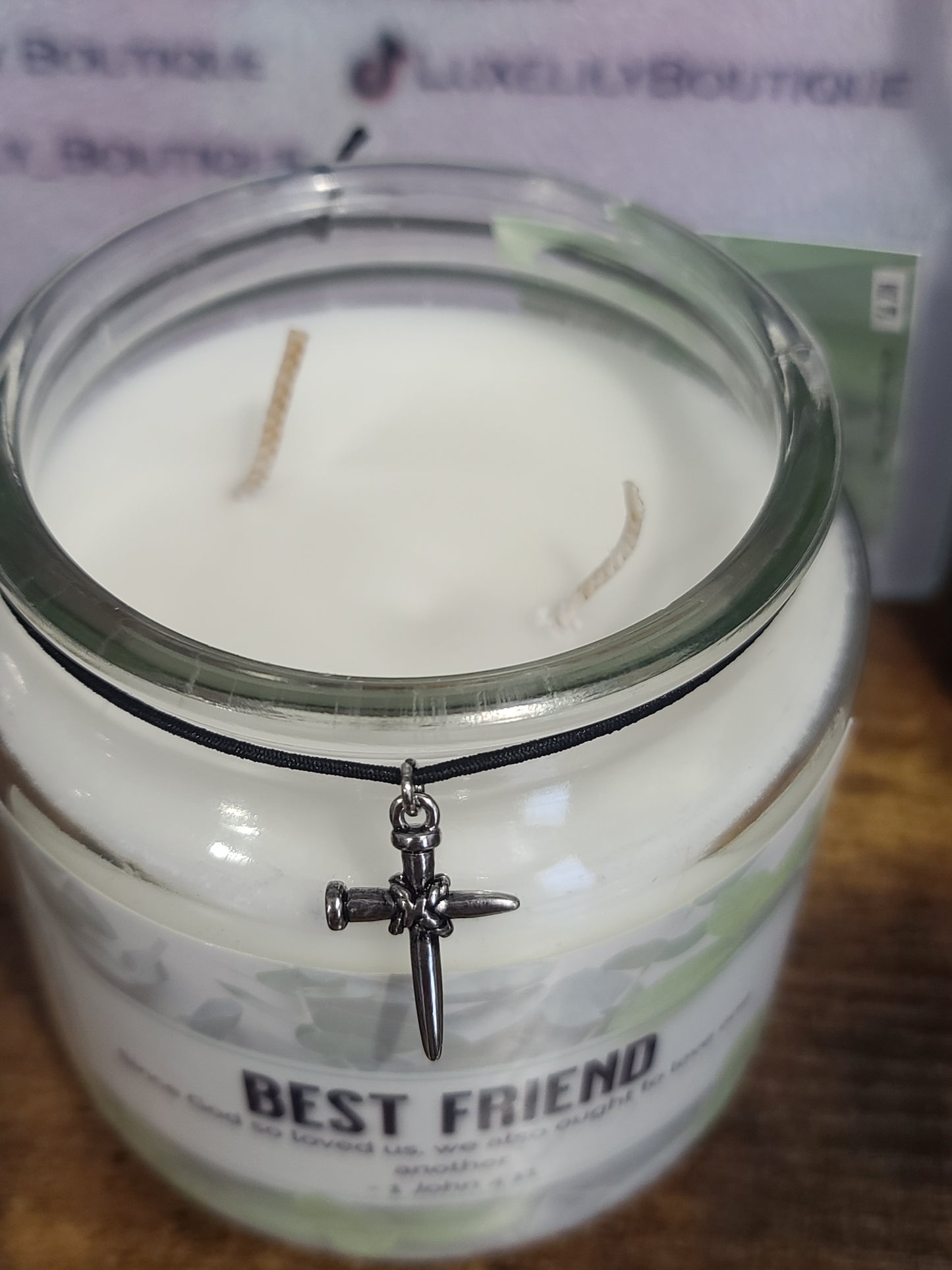 Handmade Friendship Candle, Eucalyptus Mint Scent, Bible Verse 1 John 4:11, Reusable Jar, Cross Pendant, Best Friend Christian Gift, 17oz