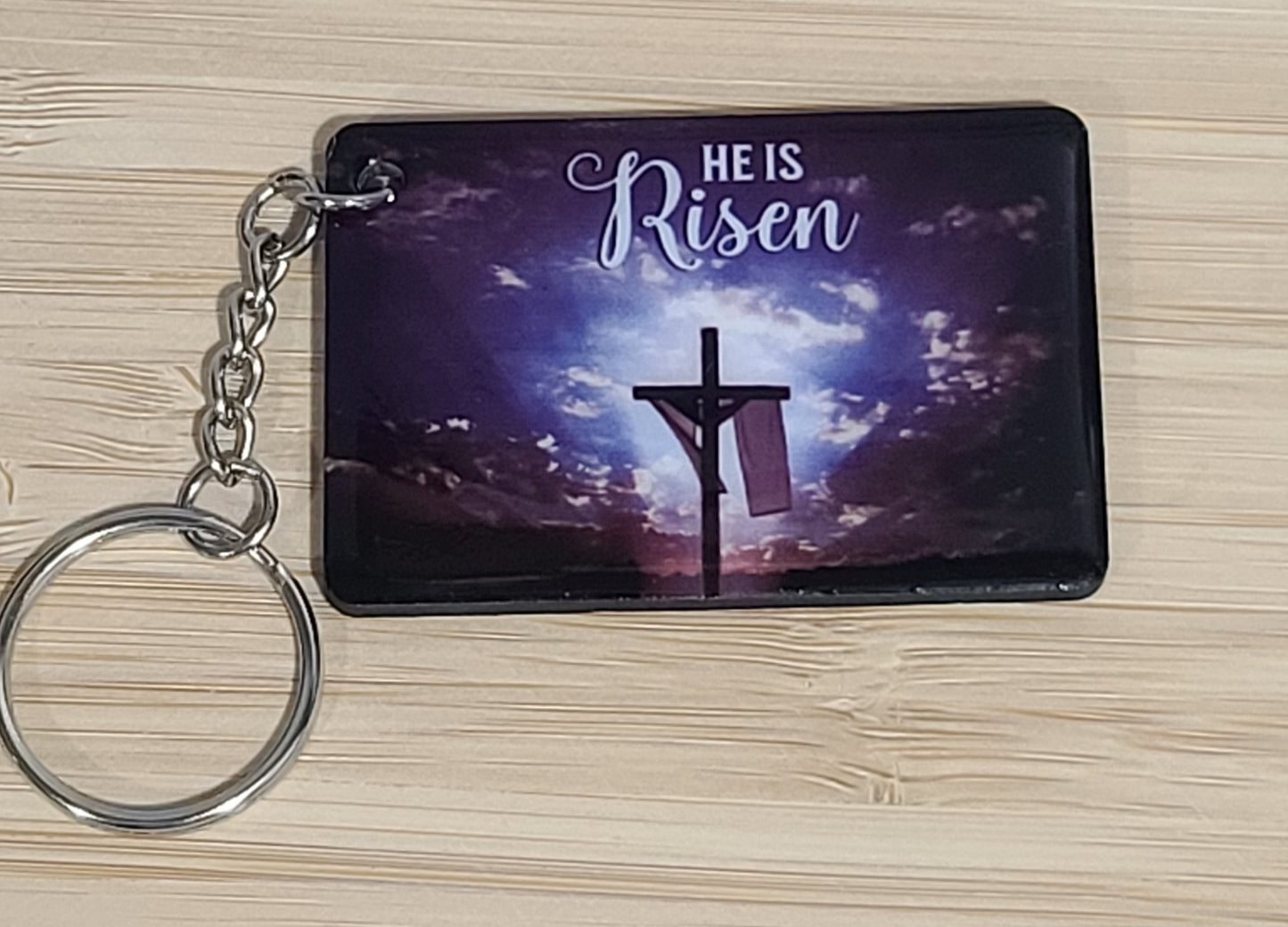 Handmade He Is Risen Keychain – Laser-Cut Wooden Christian Gift