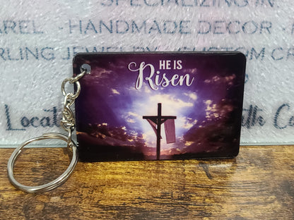 Handmade He Is Risen Keychain – Laser-Cut Wooden Christian Gift