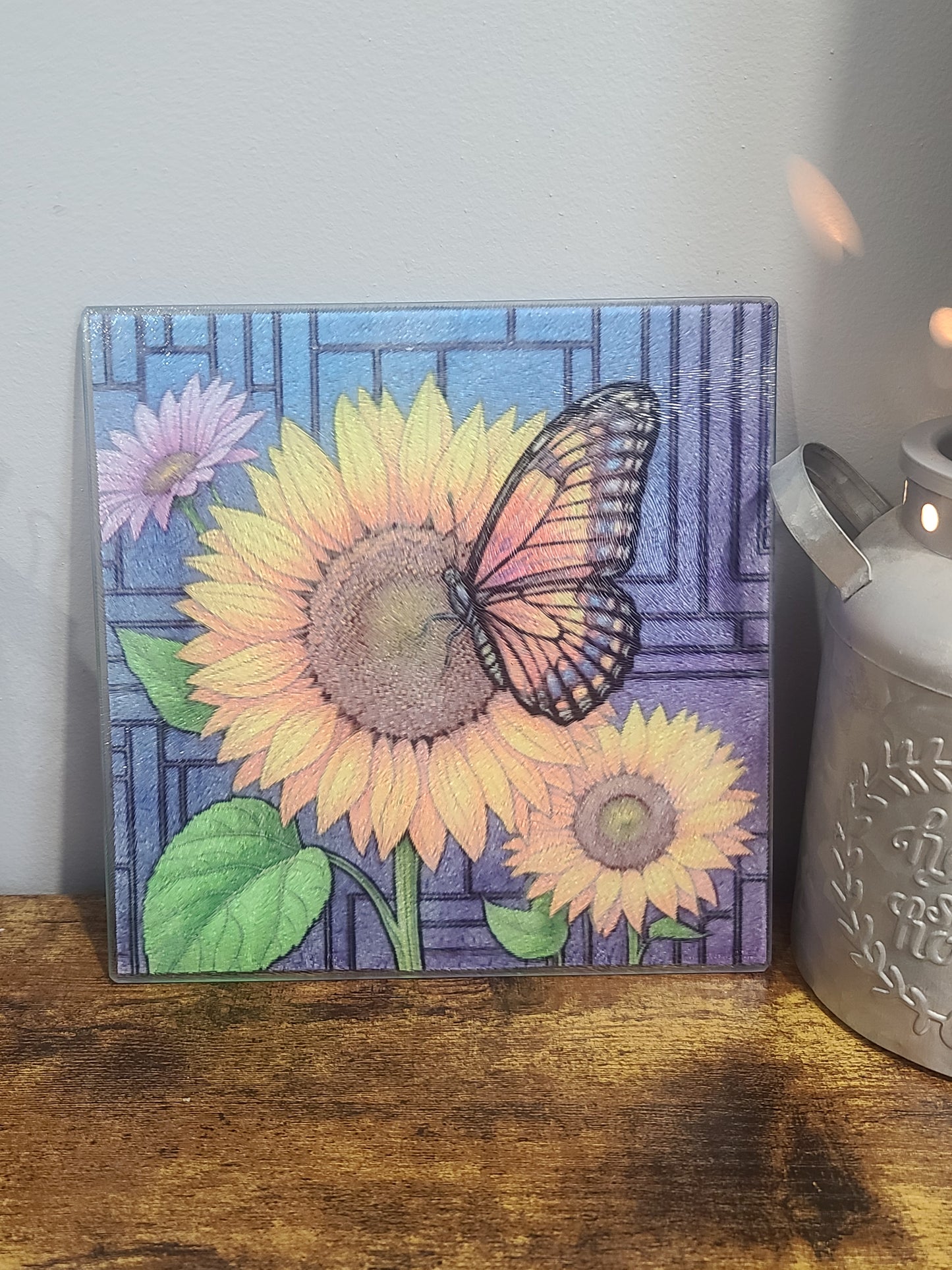Handcrafted Butterfly and Sunflower Stained Glass Look Glass Trivet Cutting Board