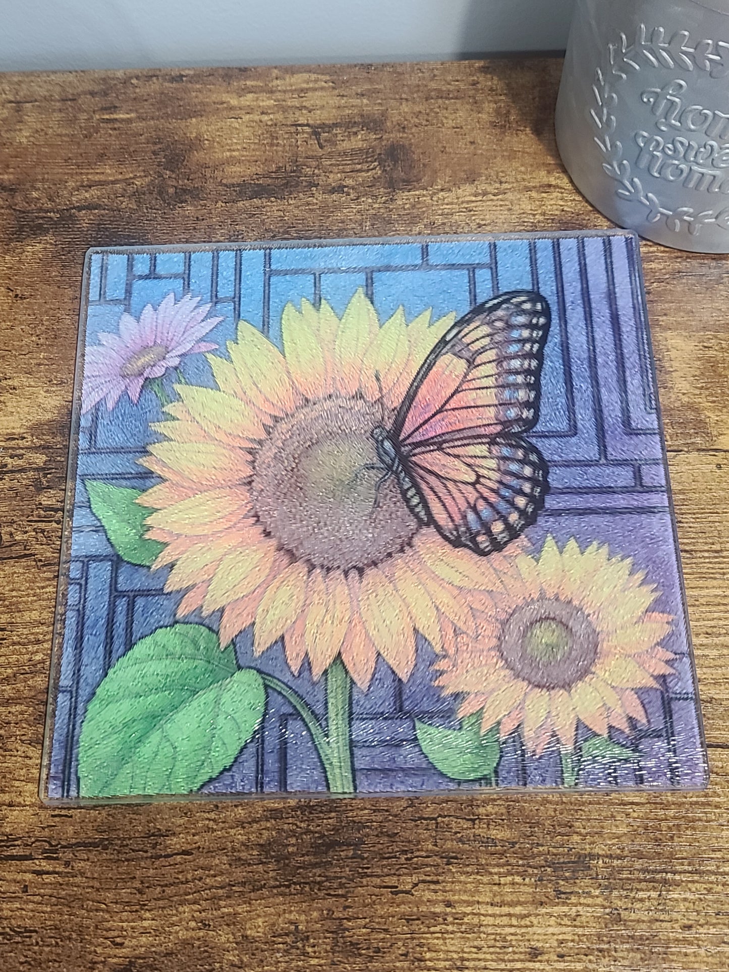 Handcrafted Butterfly and Sunflower Stained Glass Look Glass Trivet Cutting Board