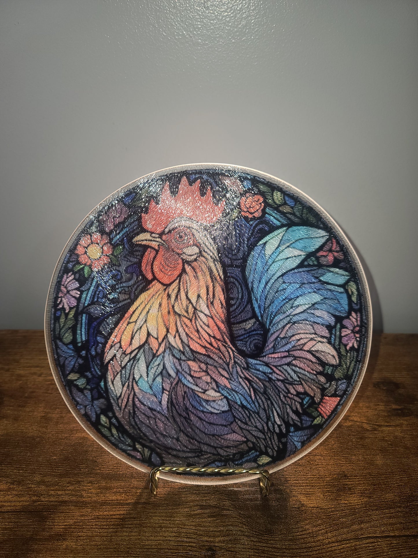 Handcrafted Chicken Stained Glass Look Glass Trivet Cutting Board