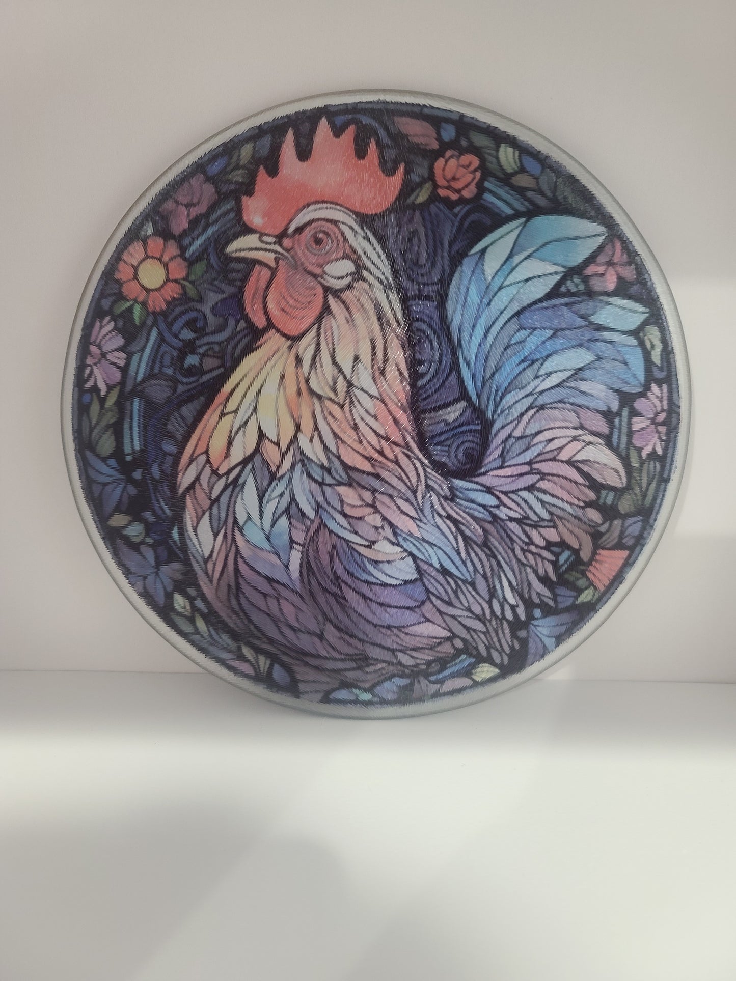 Handcrafted Chicken Stained Glass Look Glass Trivet Cutting Board
