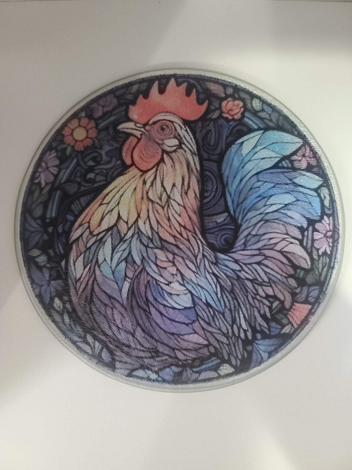Handcrafted Chicken Stained Glass Look Glass Trivet Cutting Board