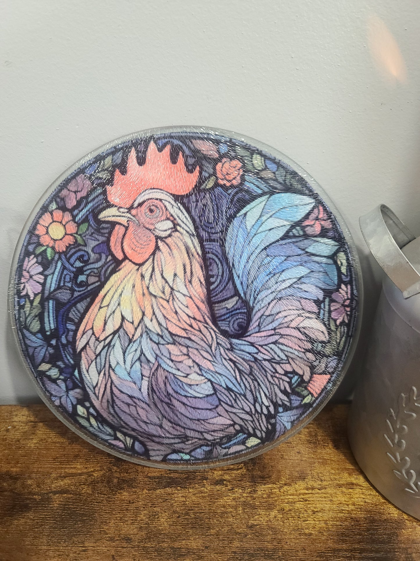 Handcrafted Chicken Stained Glass Look Glass Trivet Cutting Board