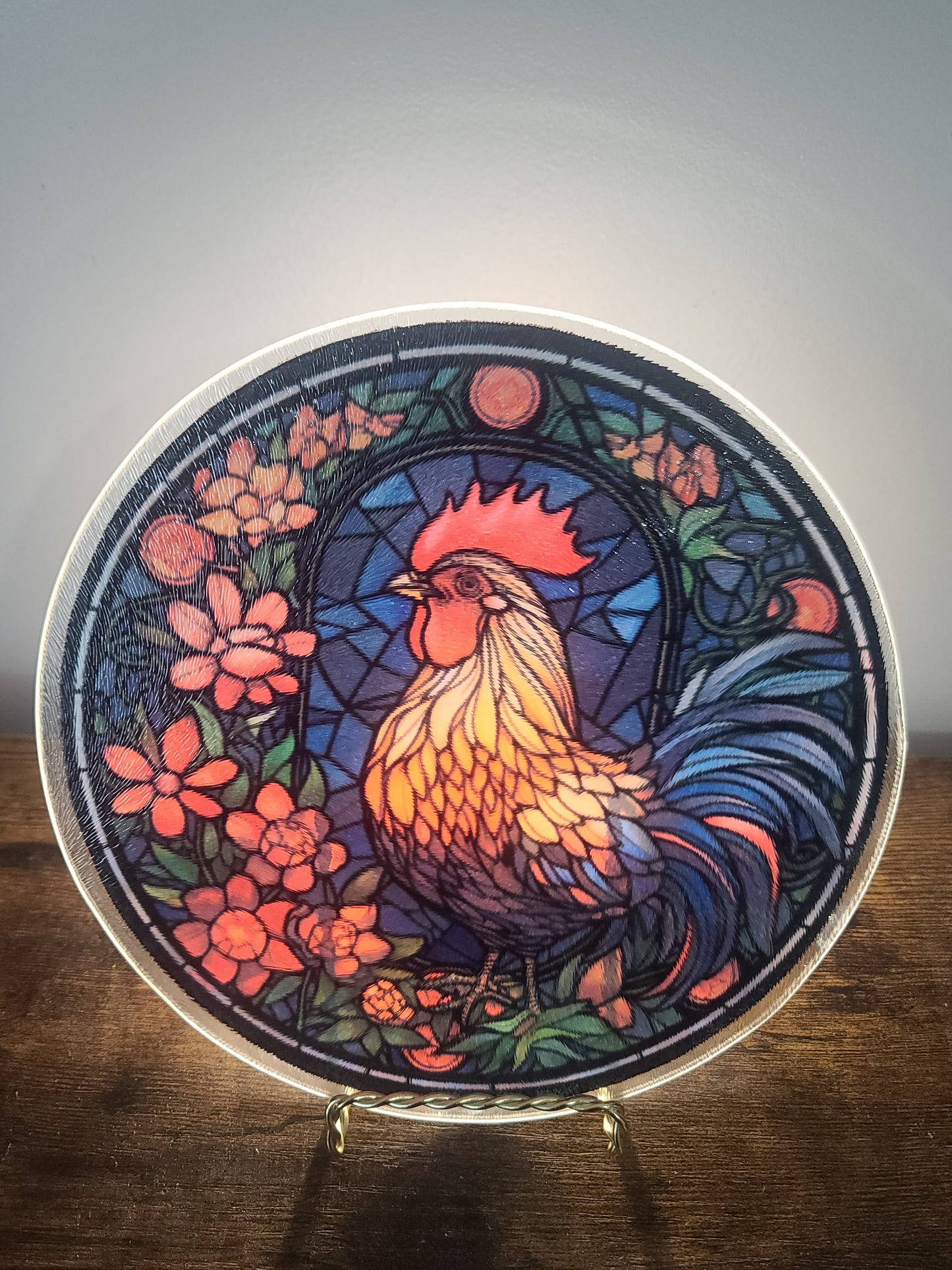 Handcrafted Rooster Stained Glass Look Glass Trivet Cutting Board