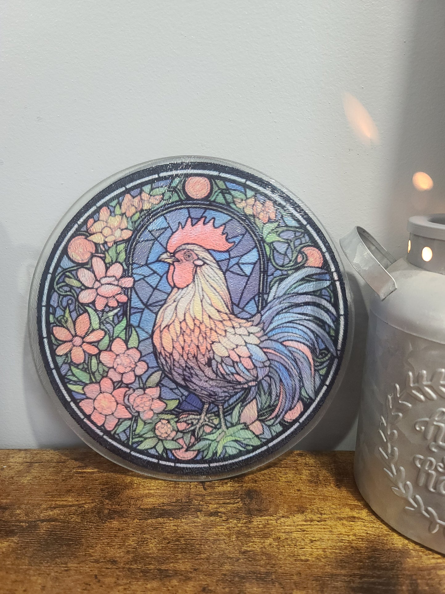 Handcrafted Rooster Stained Glass Look Glass Trivet Cutting Board