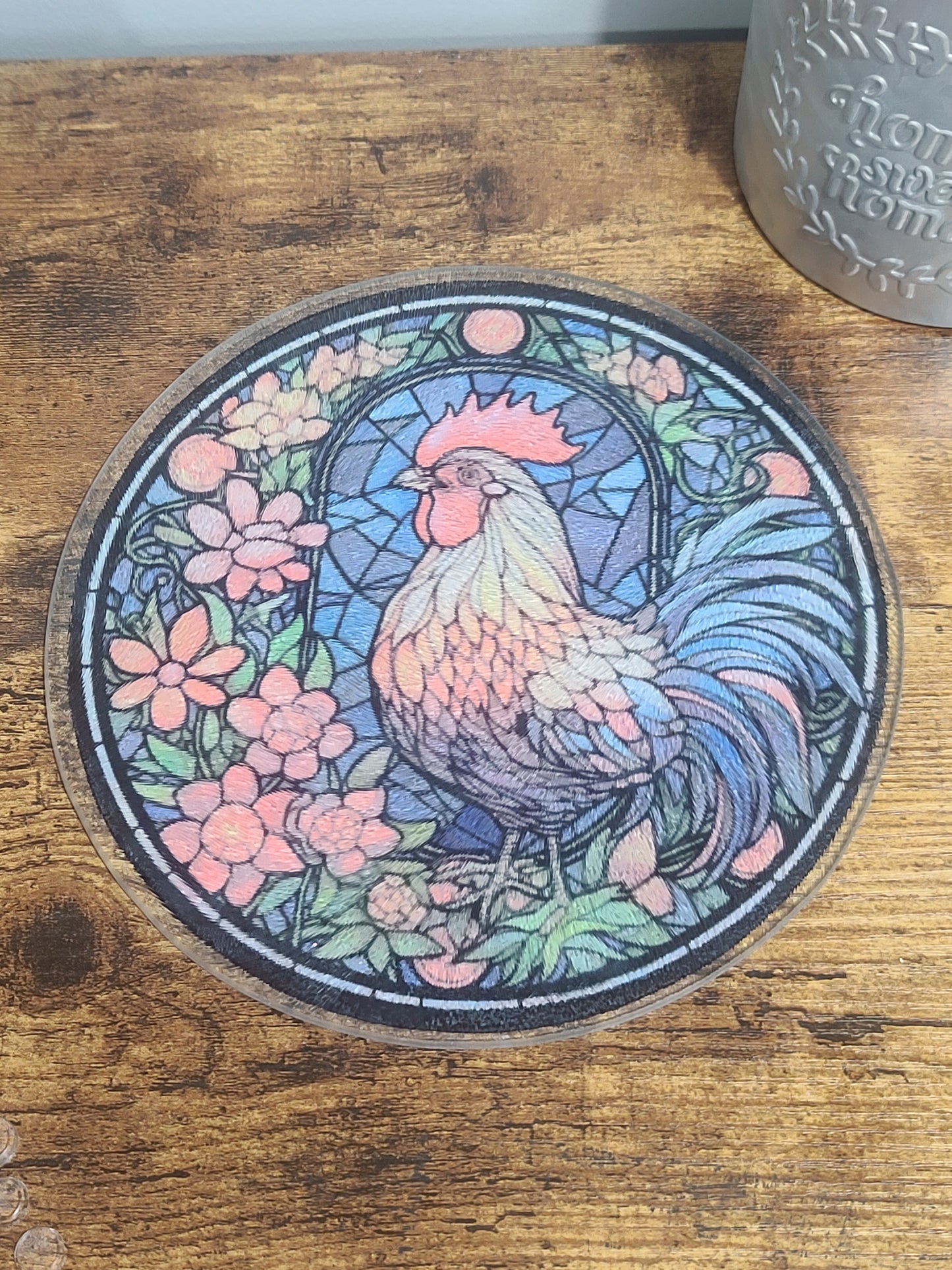 Handcrafted Rooster Stained Glass Look Glass Trivet Cutting Board