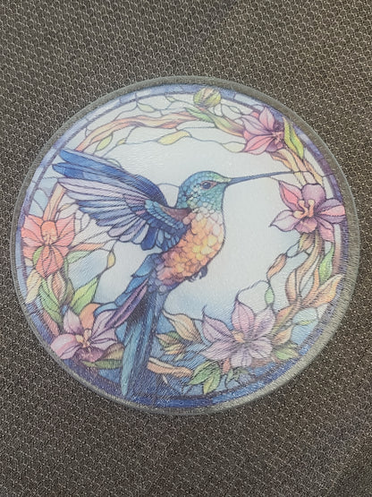 Handcrafted Hummingbird Stained Glass Look Glass Trivet Cutting Board