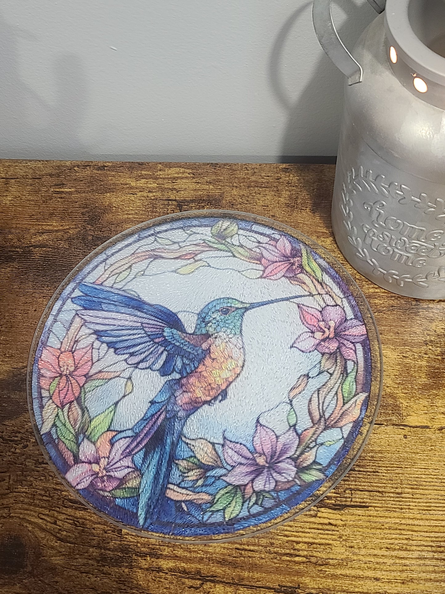 Handcrafted Hummingbird Stained Glass Look Glass Trivet Cutting Board