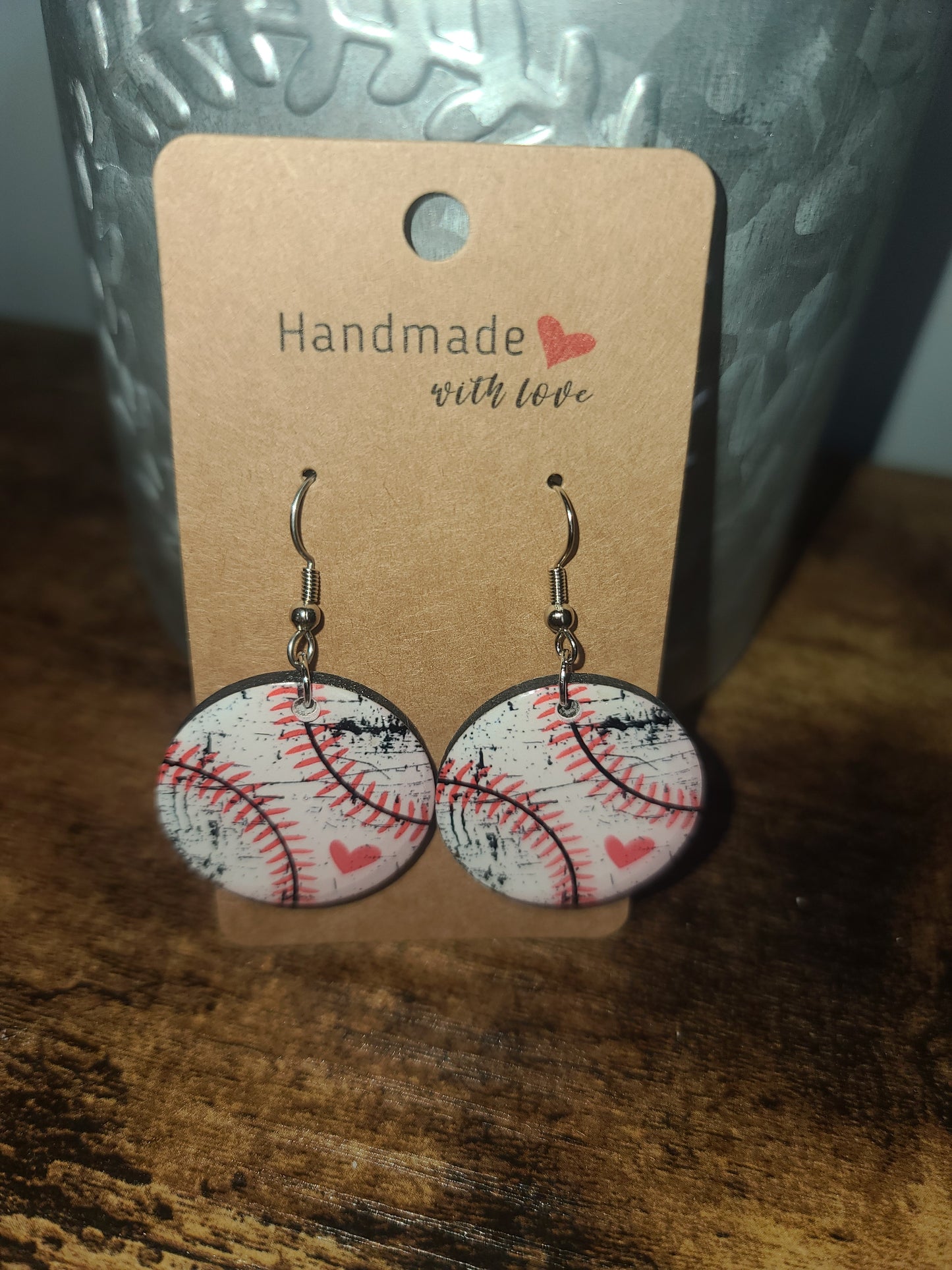 Handmade Distressed Baseball-Themed Laser Cut Wooden Earrings