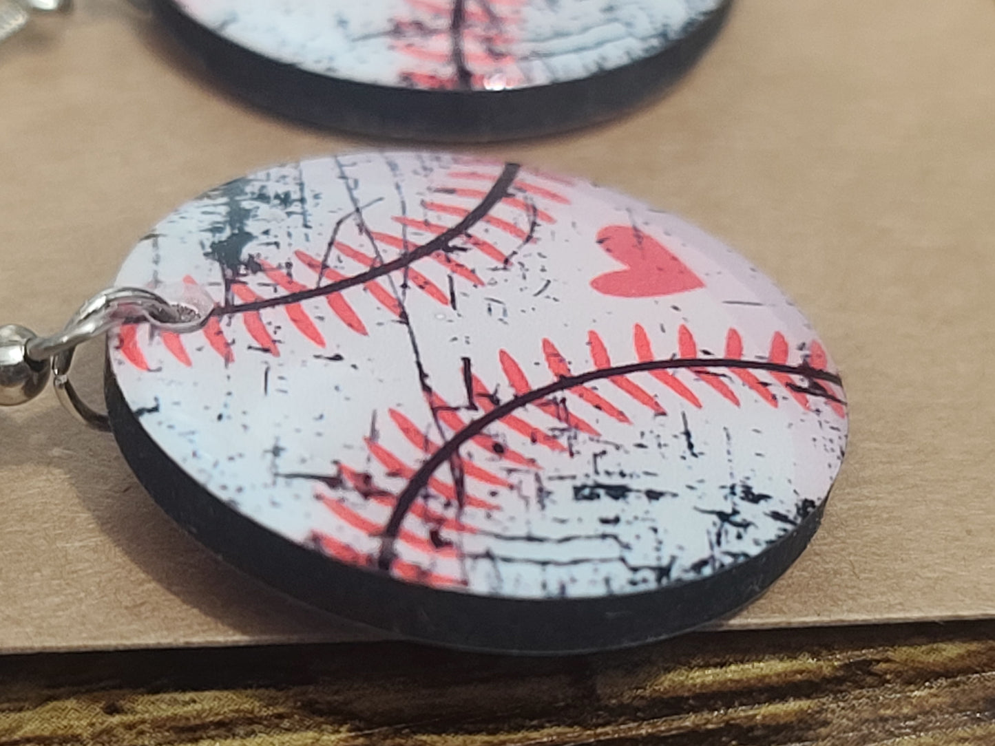 Handmade Distressed Baseball-Themed Laser Cut Wooden Earrings