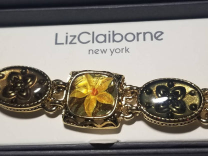 Vintage Gold Enamel Floral Medallion Link Bracelet by Liz Claiborne