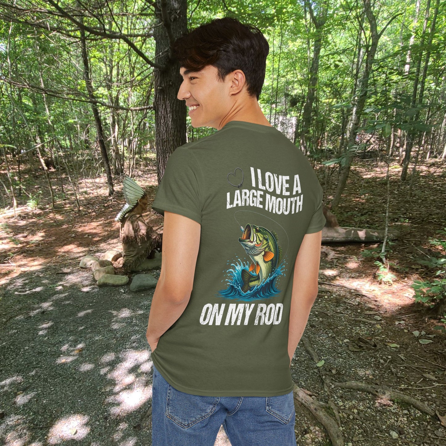 Funny Fishing T-Shirt - "I Love a Large Mouth on my Rod" (Front & Back Design)