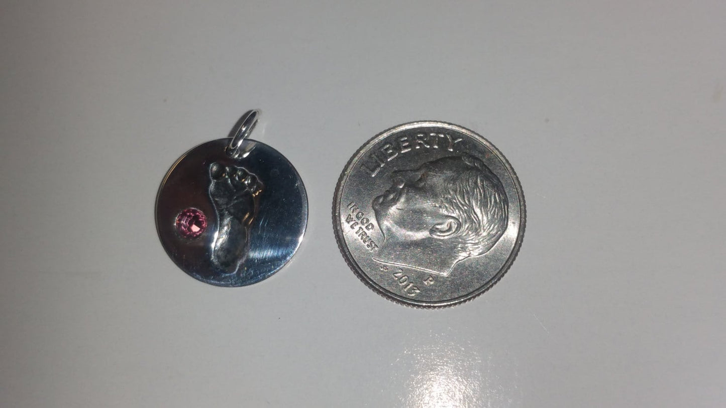Sterling Silver Baby Girl Footprint Charm with Pink Crystal