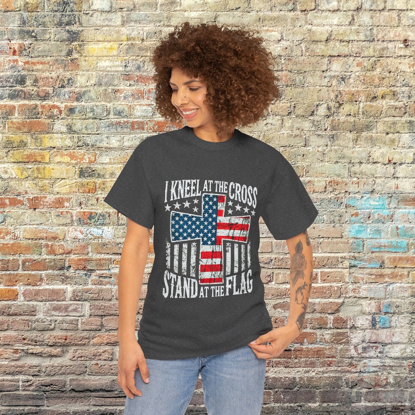 Faith Based Patriotic 'I Kneel at the Cross, Stand at the Flag' T-shirt