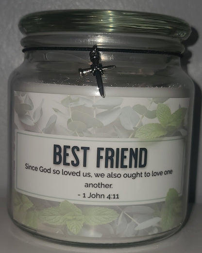 Handmade Friendship Candle, Eucalyptus Mint Scent, Bible Verse 1 John 4:11, Reusable Jar, Cross Pendant, Best Friend Christian Gift, 17oz