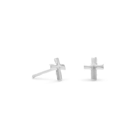 Small Polished Sterling Silver Cross Studded Earrings