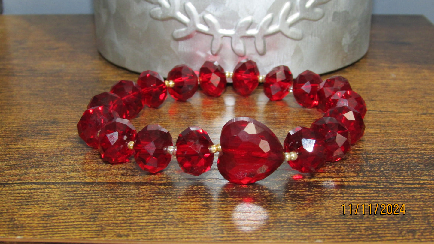 Handmade Red Faceted Glass Beaded Stretch Bracelet with Heart and Gold Beads