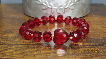 Handmade Red Faceted Glass Beaded Stretch Bracelet with Heart and Gold Beads