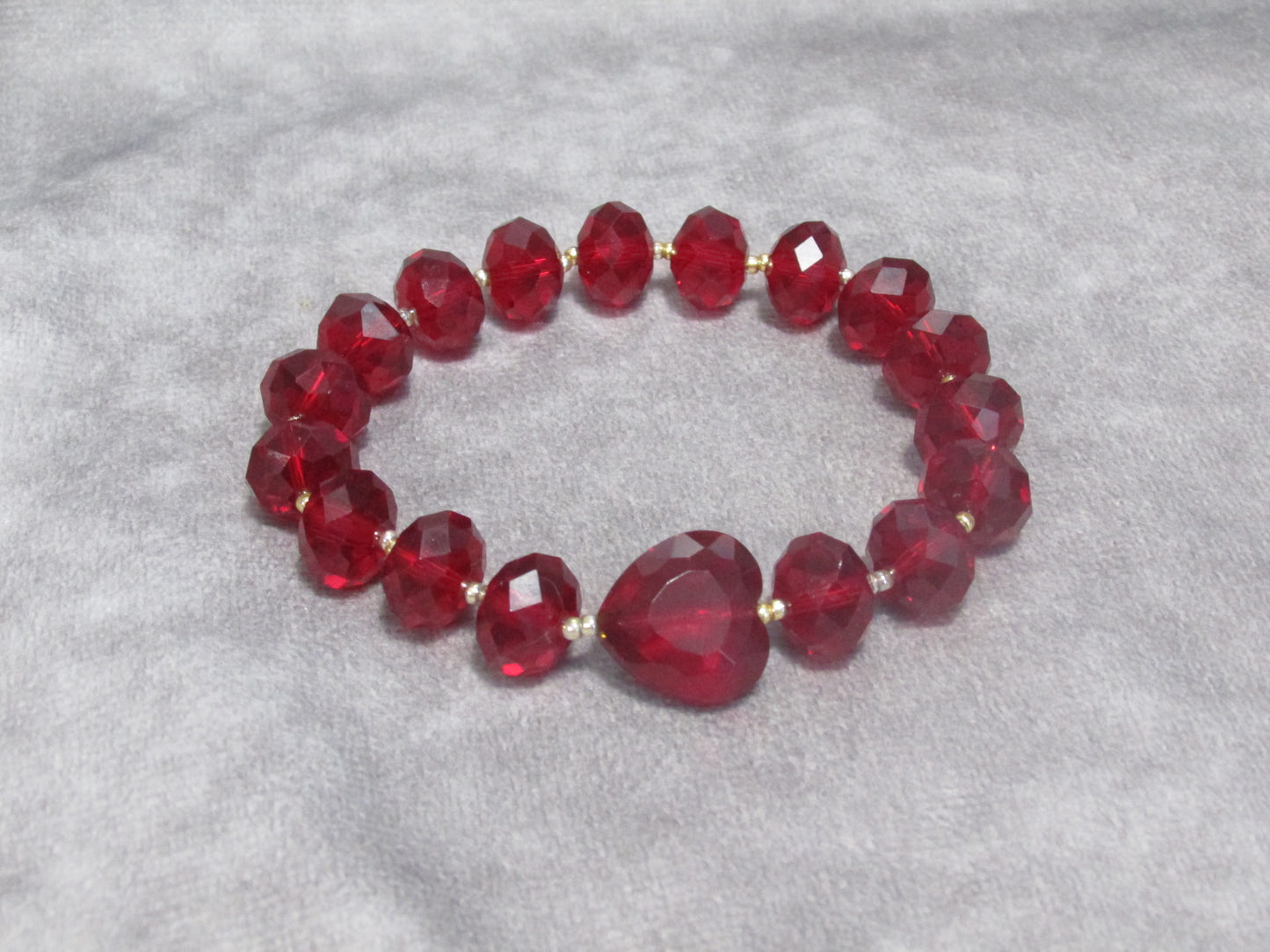 Handmade Red Faceted Glass Beaded Stretch Bracelet with Heart and Gold Beads